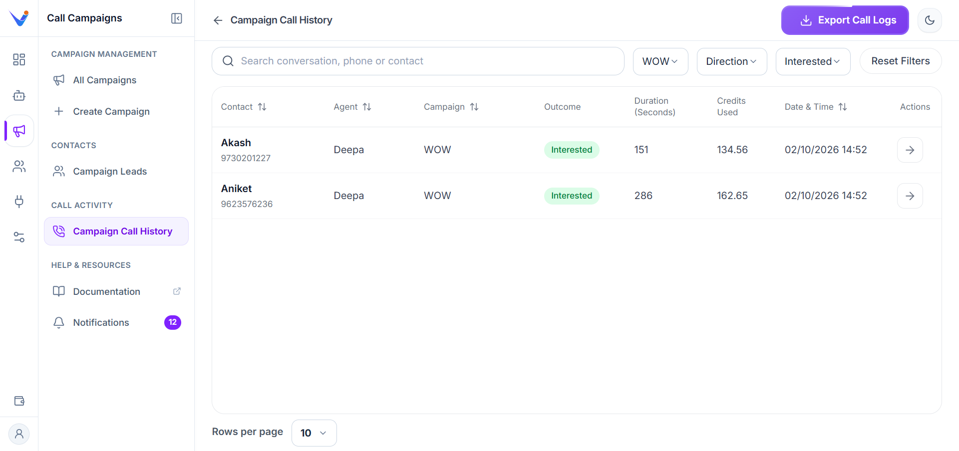 Campaign Call History - Valuez AI