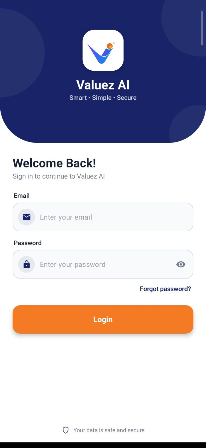 Valuez AI email and password sign-in screen