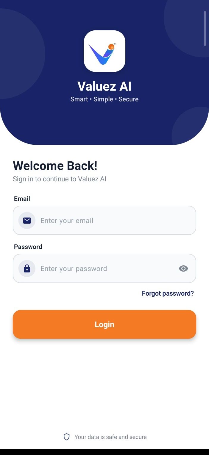 Valuez AI email and password sign-in screen