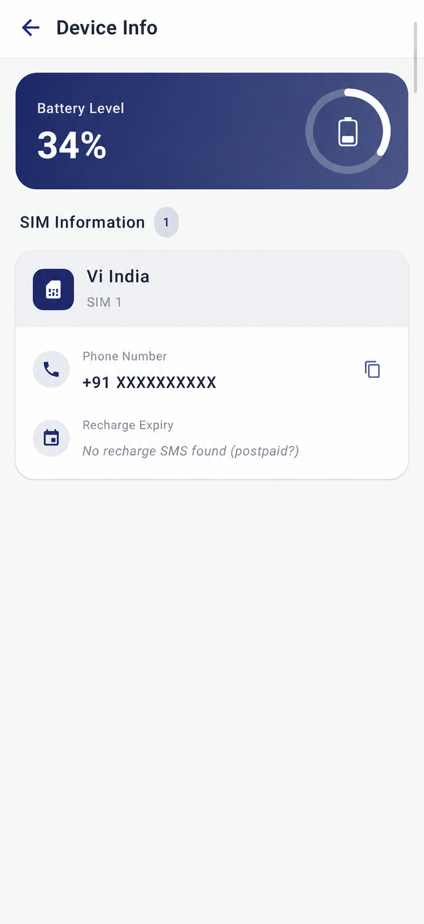 Valuez AI device information with battery and SIM details
