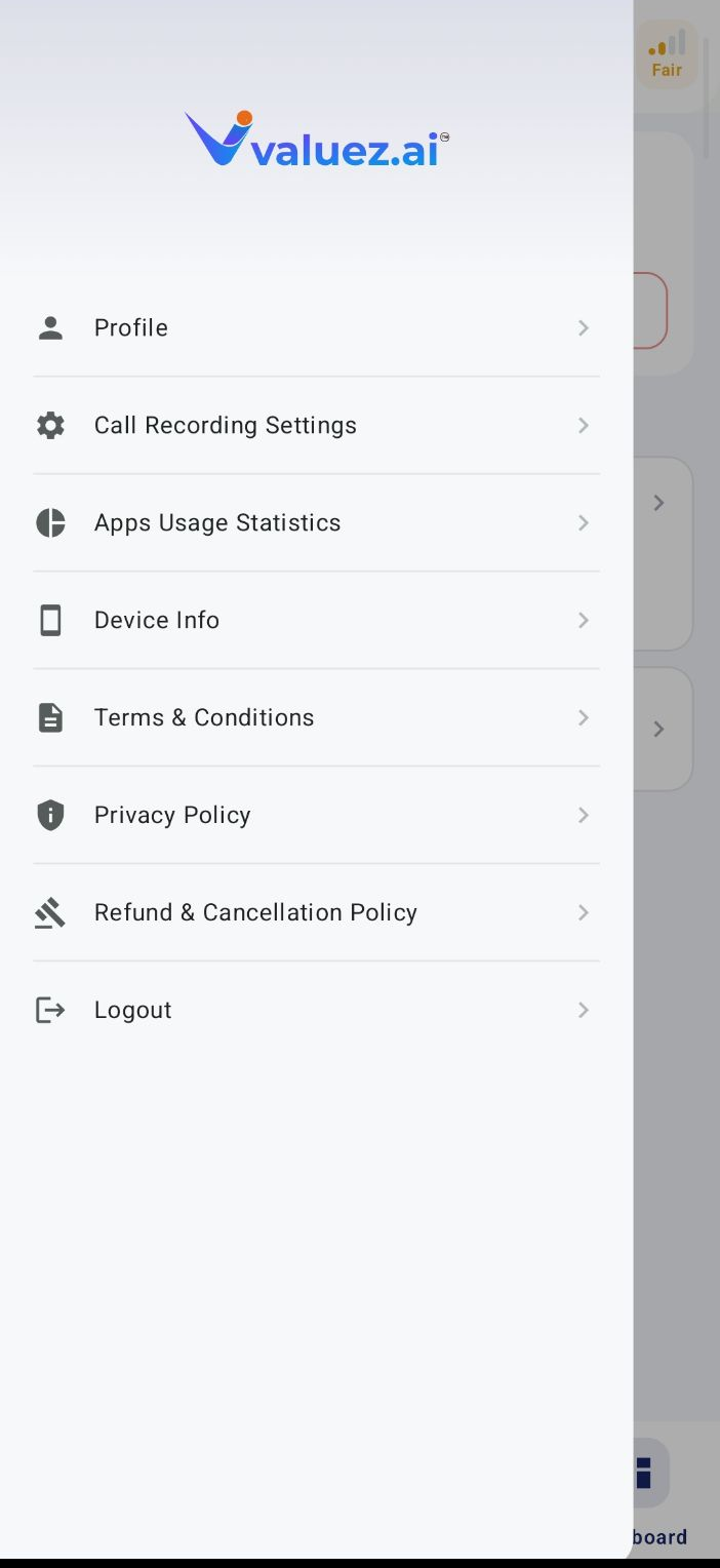Valuez AI side menu