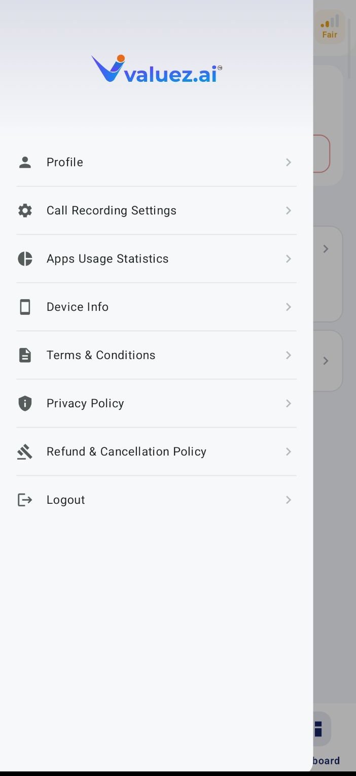 Valuez AI side menu