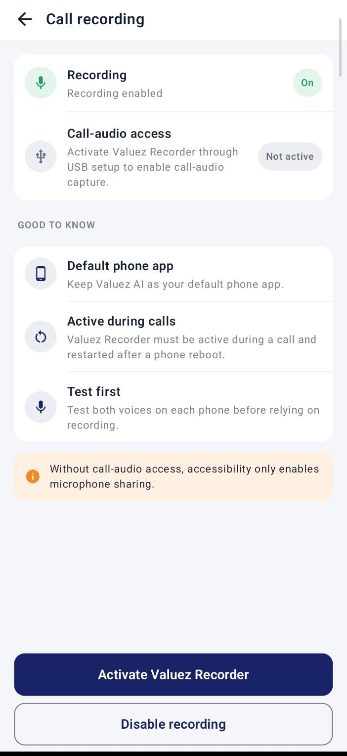 Valuez AI call recording settings