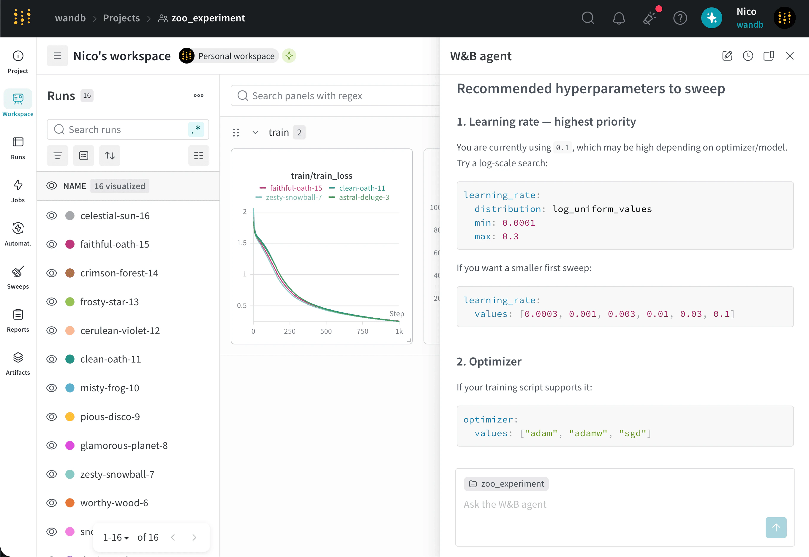 W&B Agent recommendations for hyperparameter tuning