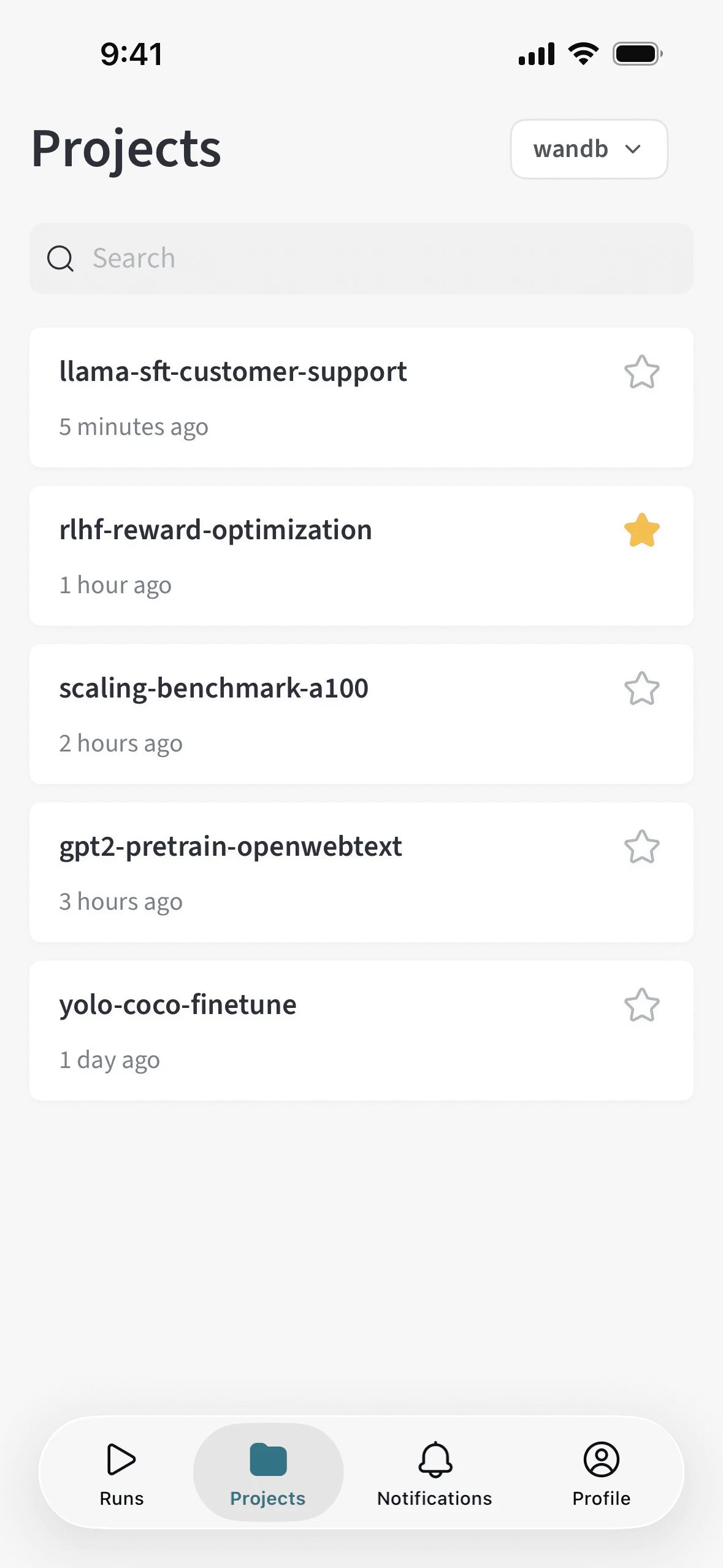 W&B mobile app Projects list and team picker