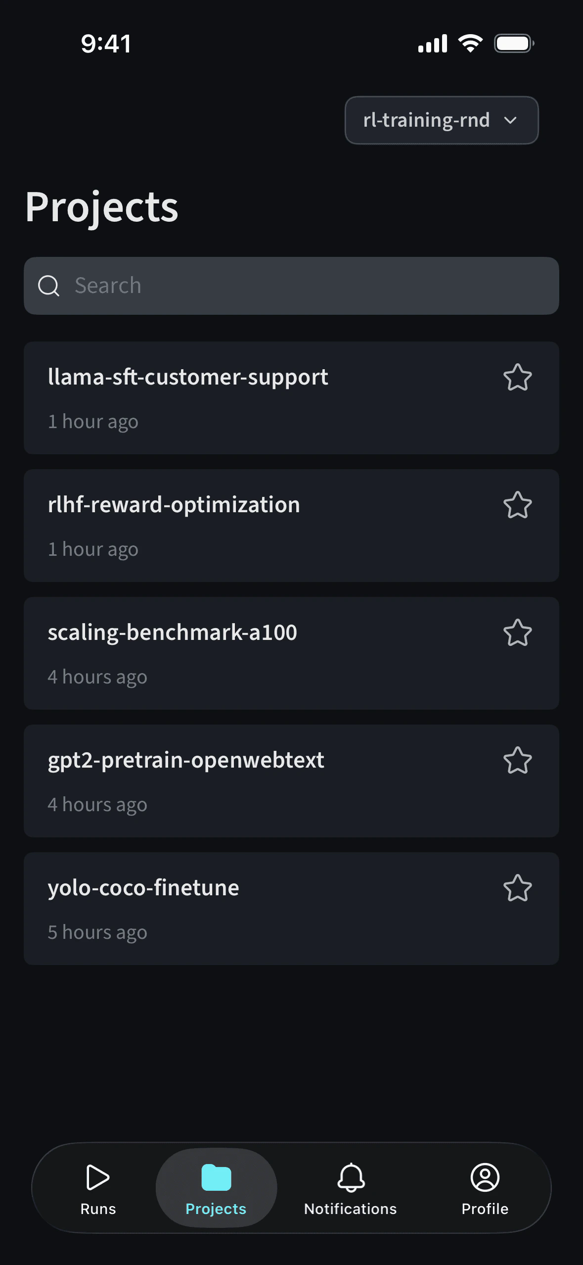 W&B mobile app projects view