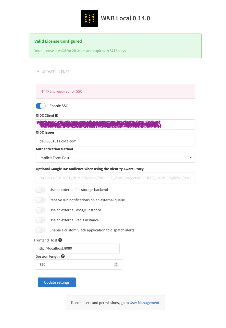 Update settings 버튼