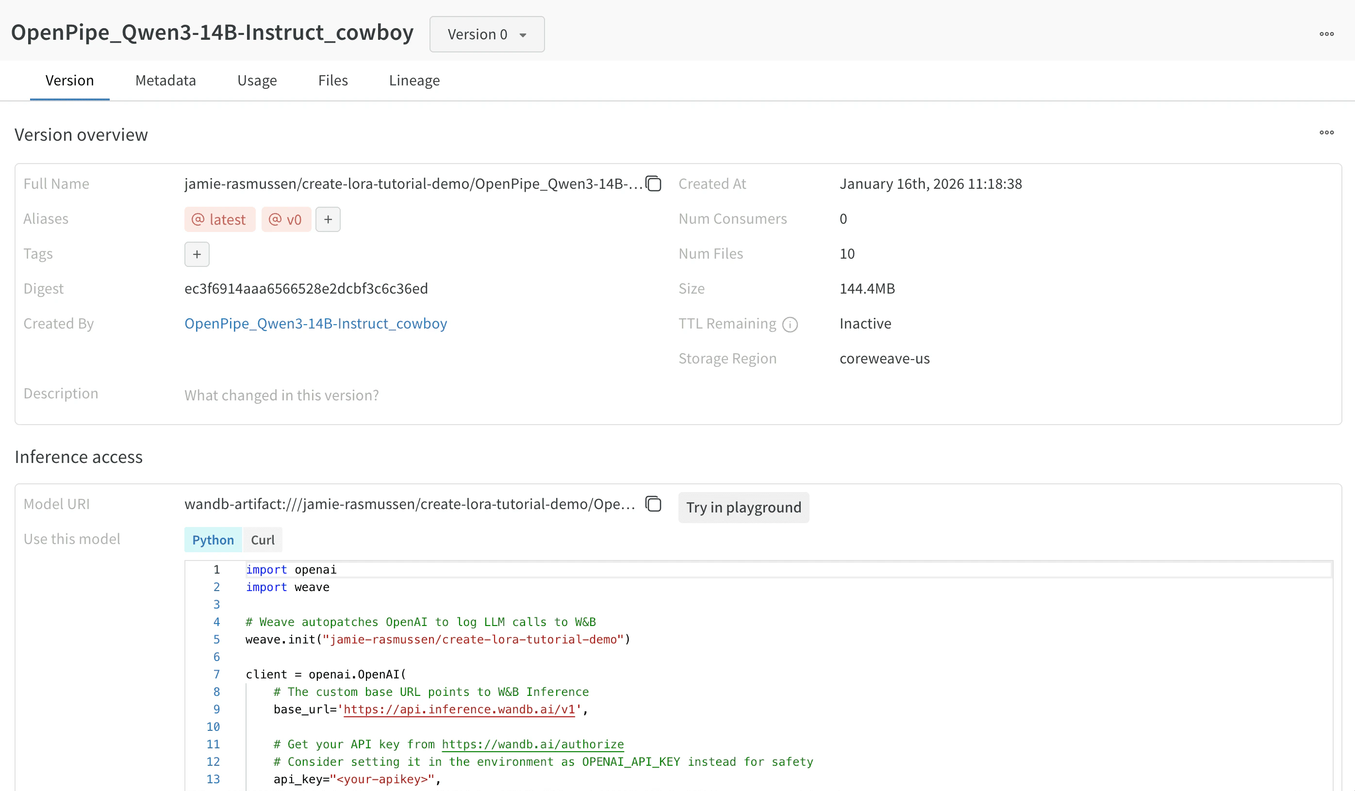 LoRA in Artifacts UI