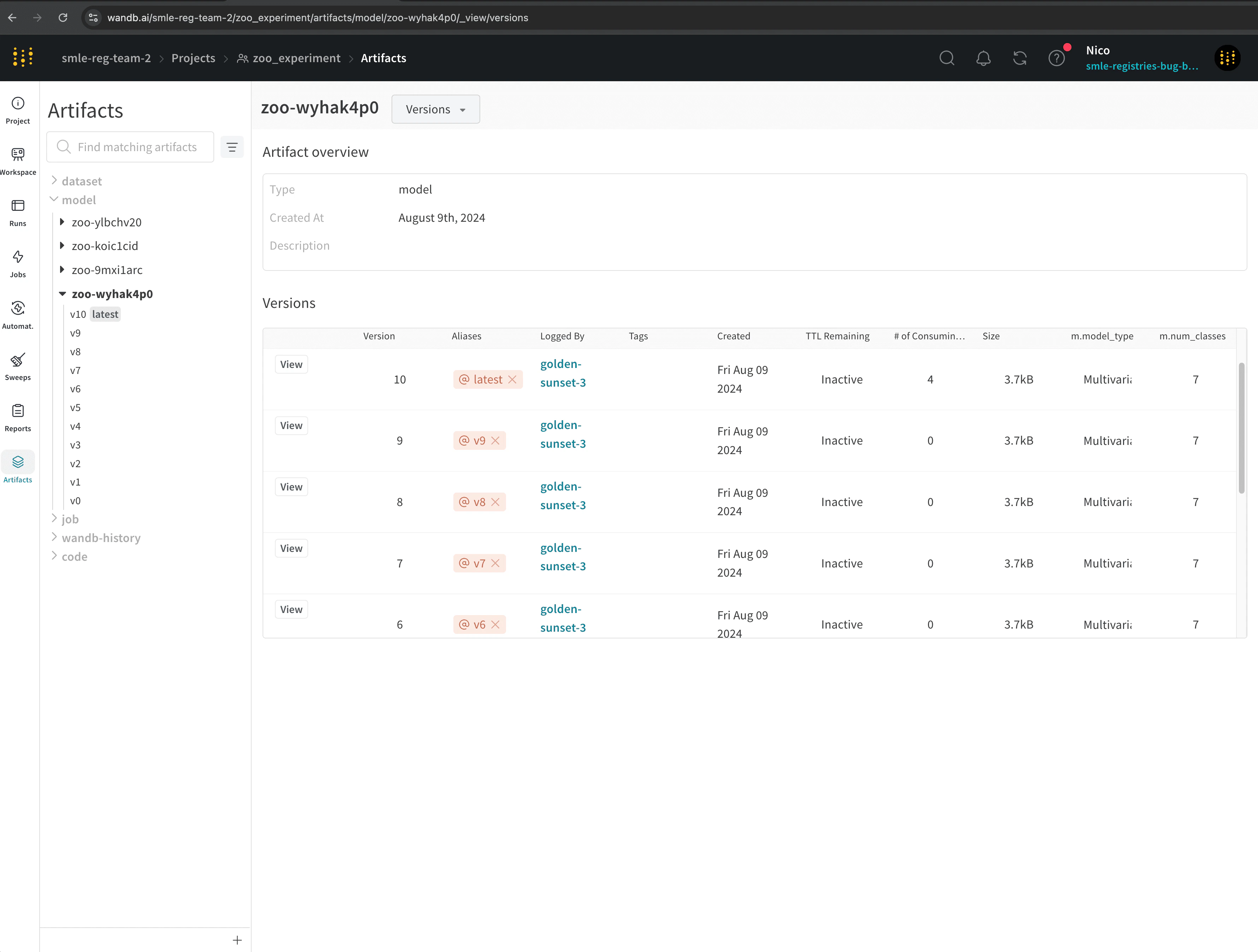 Artifact versions tab