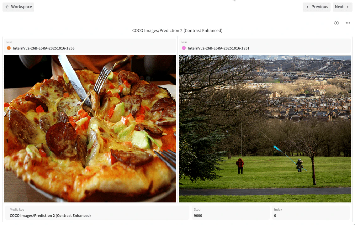 Capture d’écran montrant un panneau multimédia en mode comparaison avec deux runs et aucun fan out