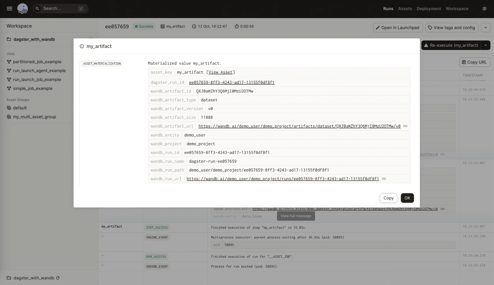UI de Dagster avec une vue détaillée d'un asset et des métadonnées W&B associées, y compris des références à un projet et à un run W&B