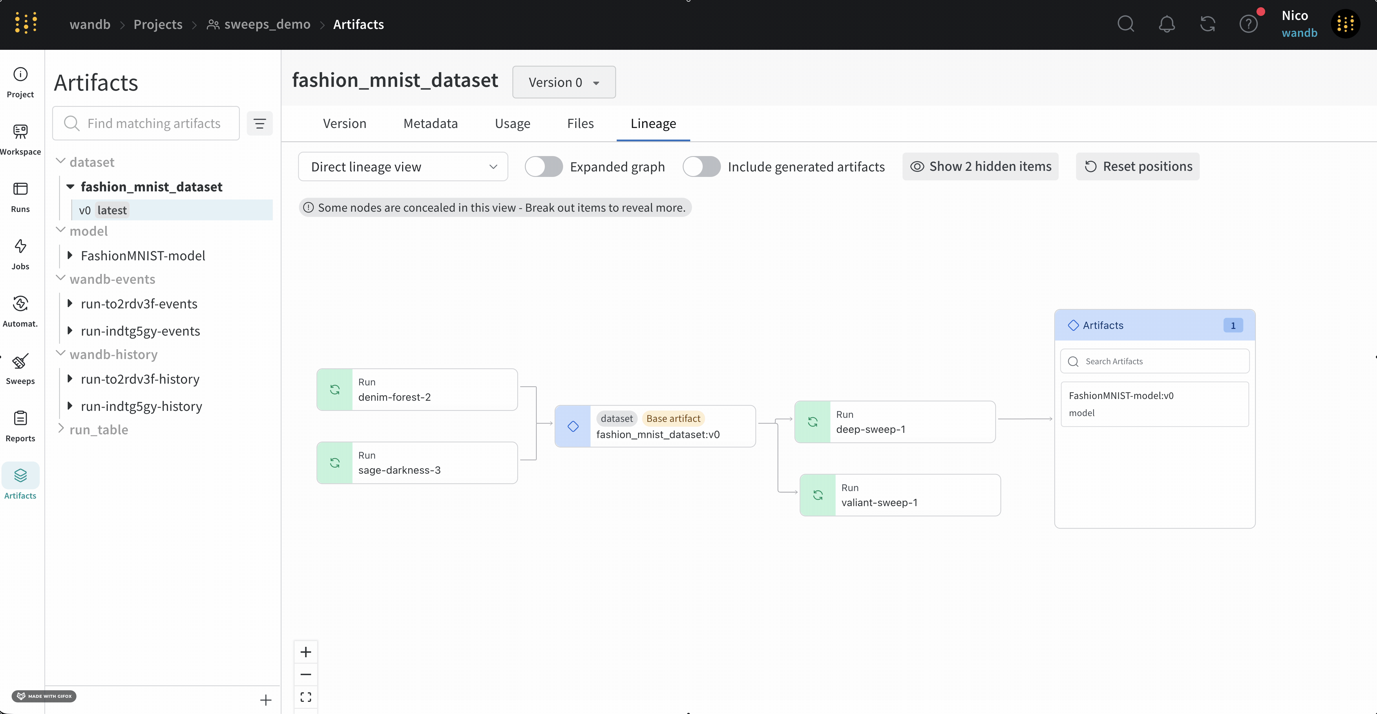 Rearranging nodes in a lineage graph
