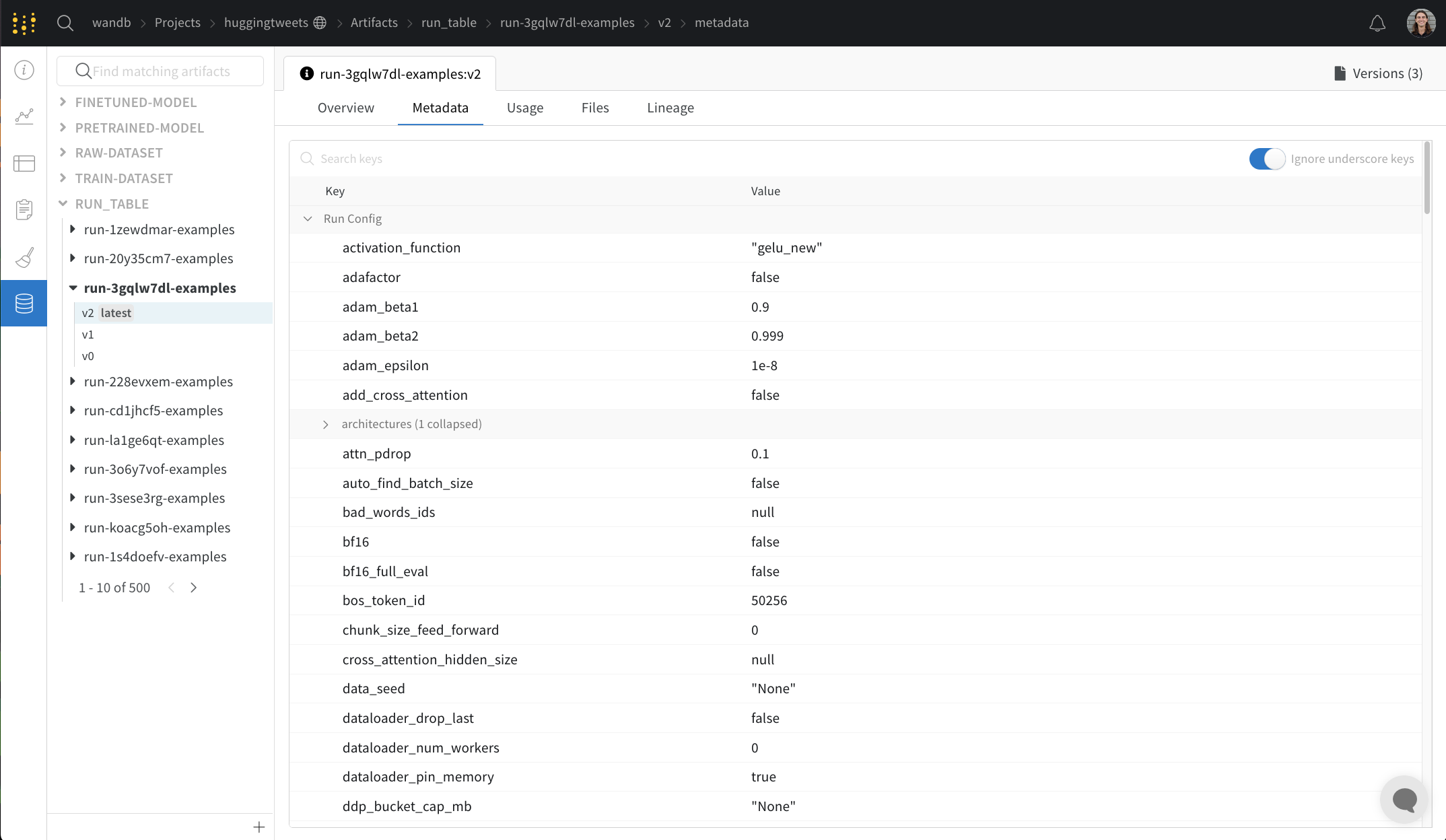 Artifact metadata panel