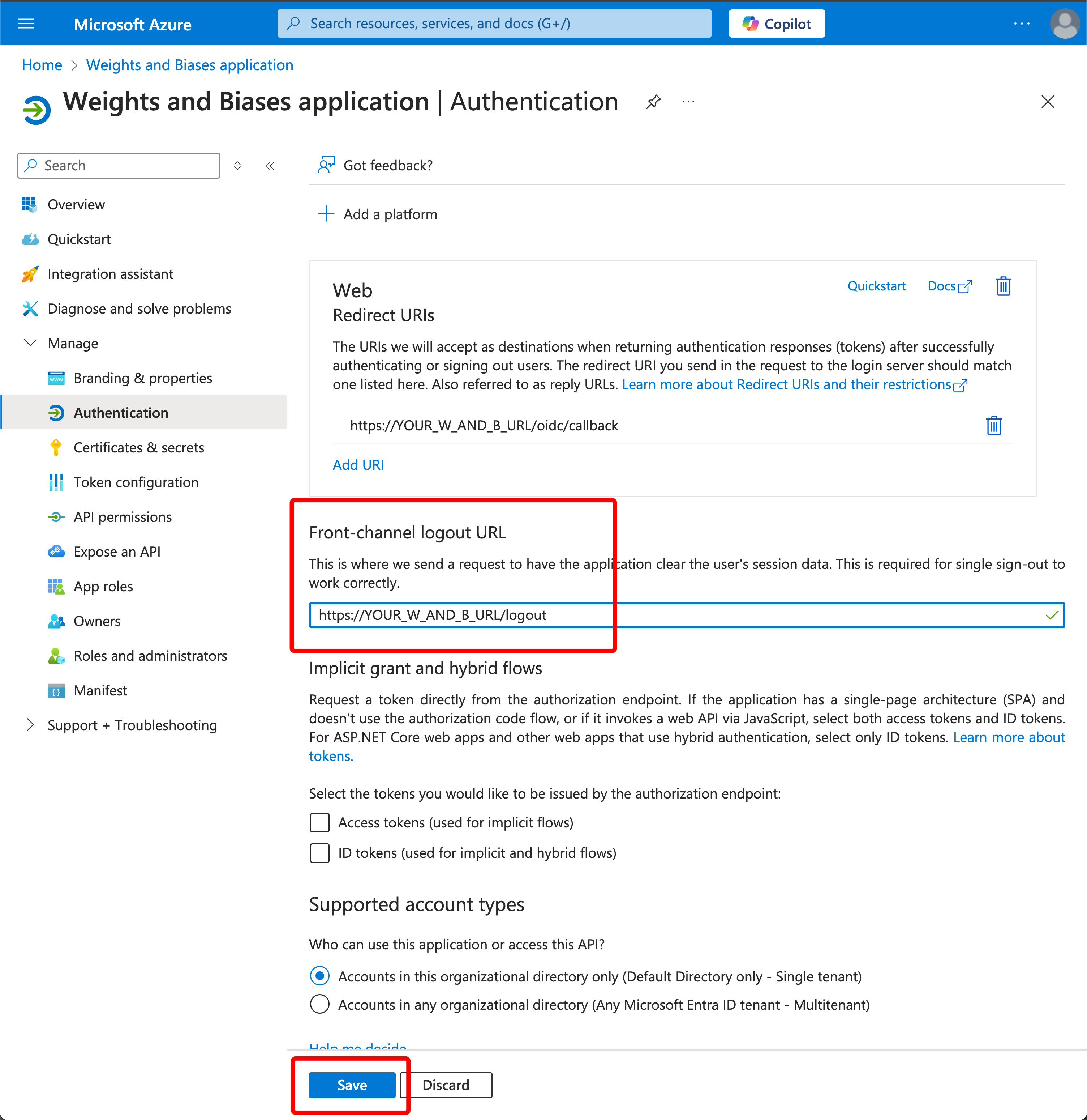 Front-channel logout URL configuration