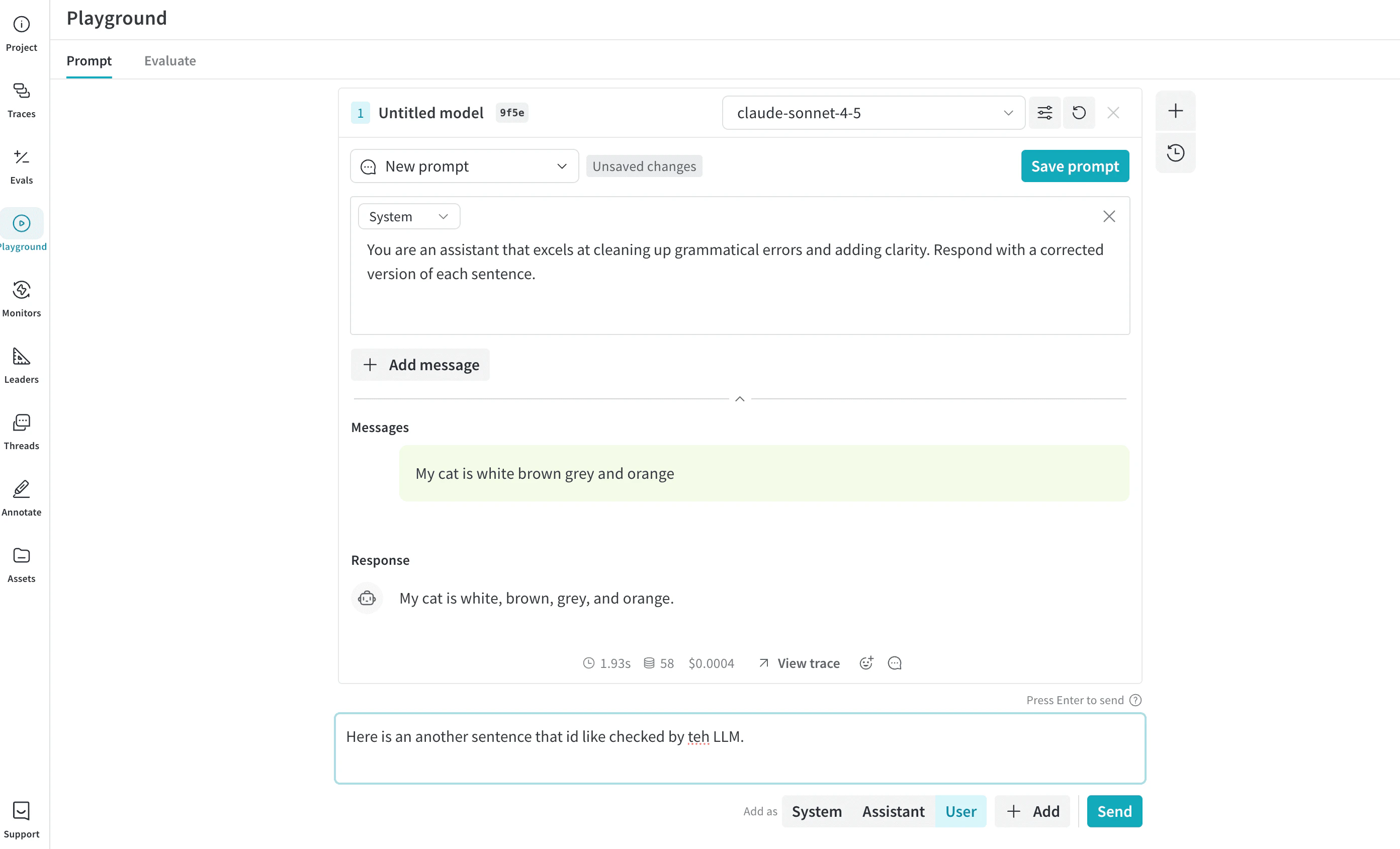Weave Playground montrant la zone de définition du prompt en haut, l’historique des messages au centre et une zone de composition des messages en bas pour envoyer de nouveaux messages.