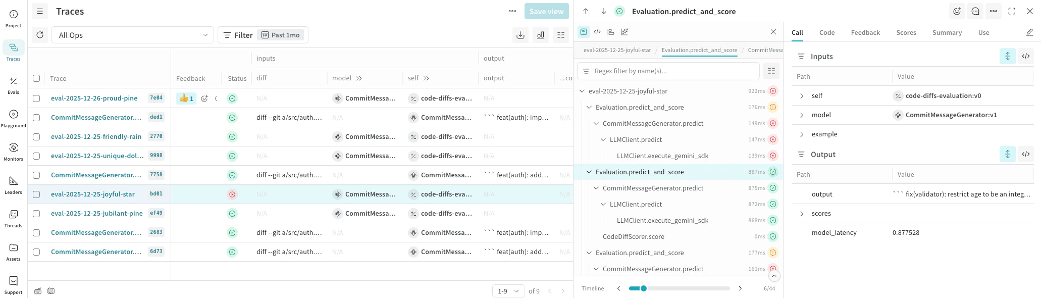 Page Traces affichant une trace sélectionnée et les détails de l’op sélectionnée