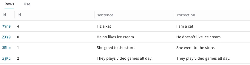 Dataset UI - 게시된 행.