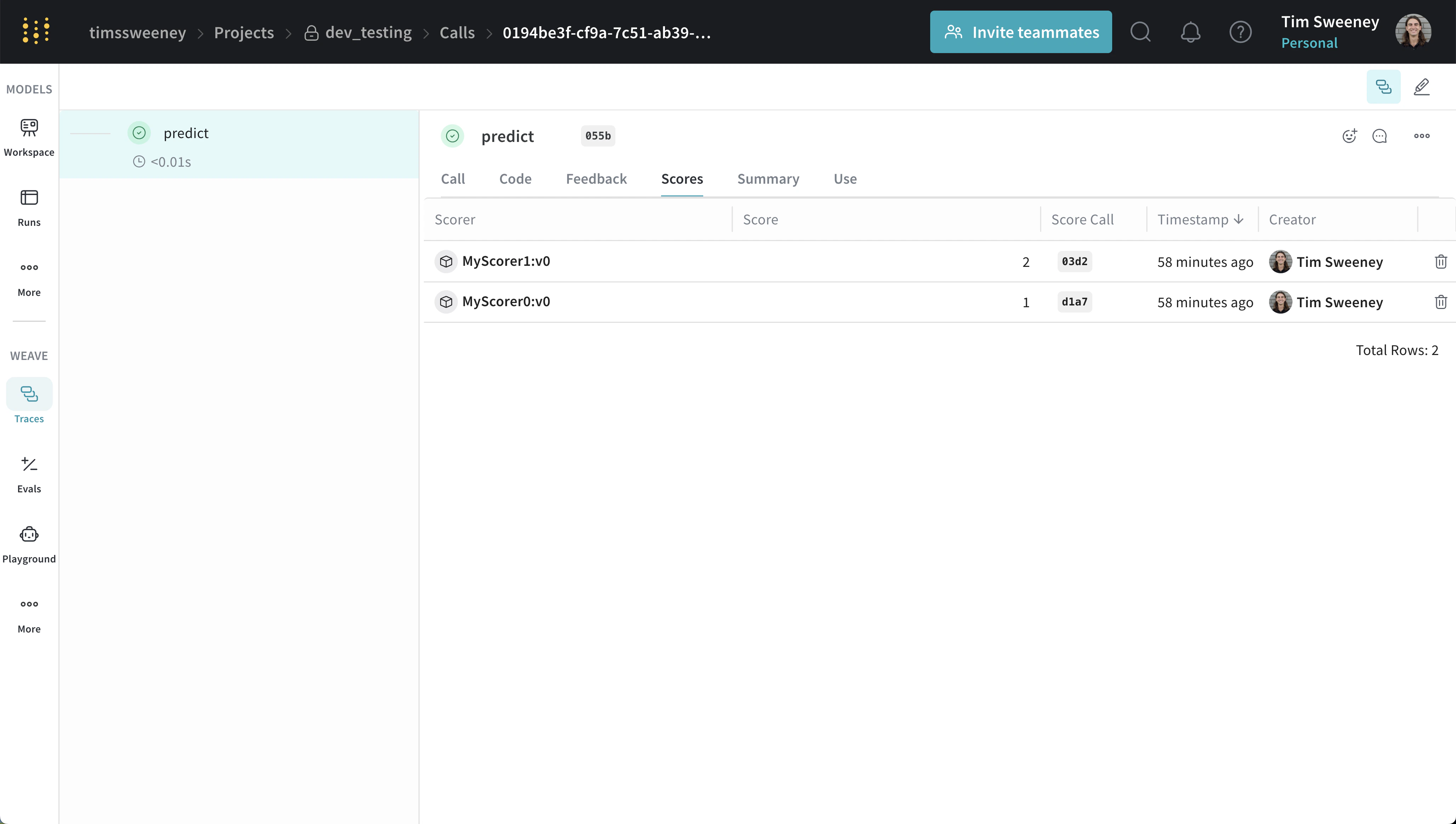 Onglet Scores d’un appel