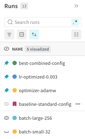 ベースライン run とピン留めした run が表示された Runs table