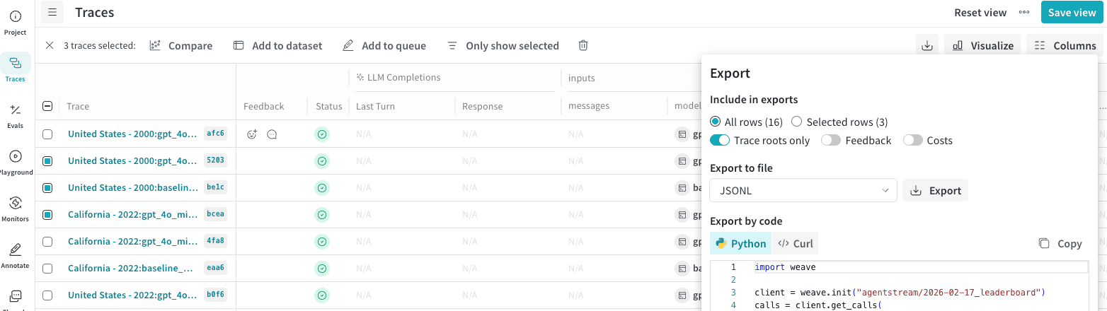Traces page showing selected Calls ready for export in the Export modal.