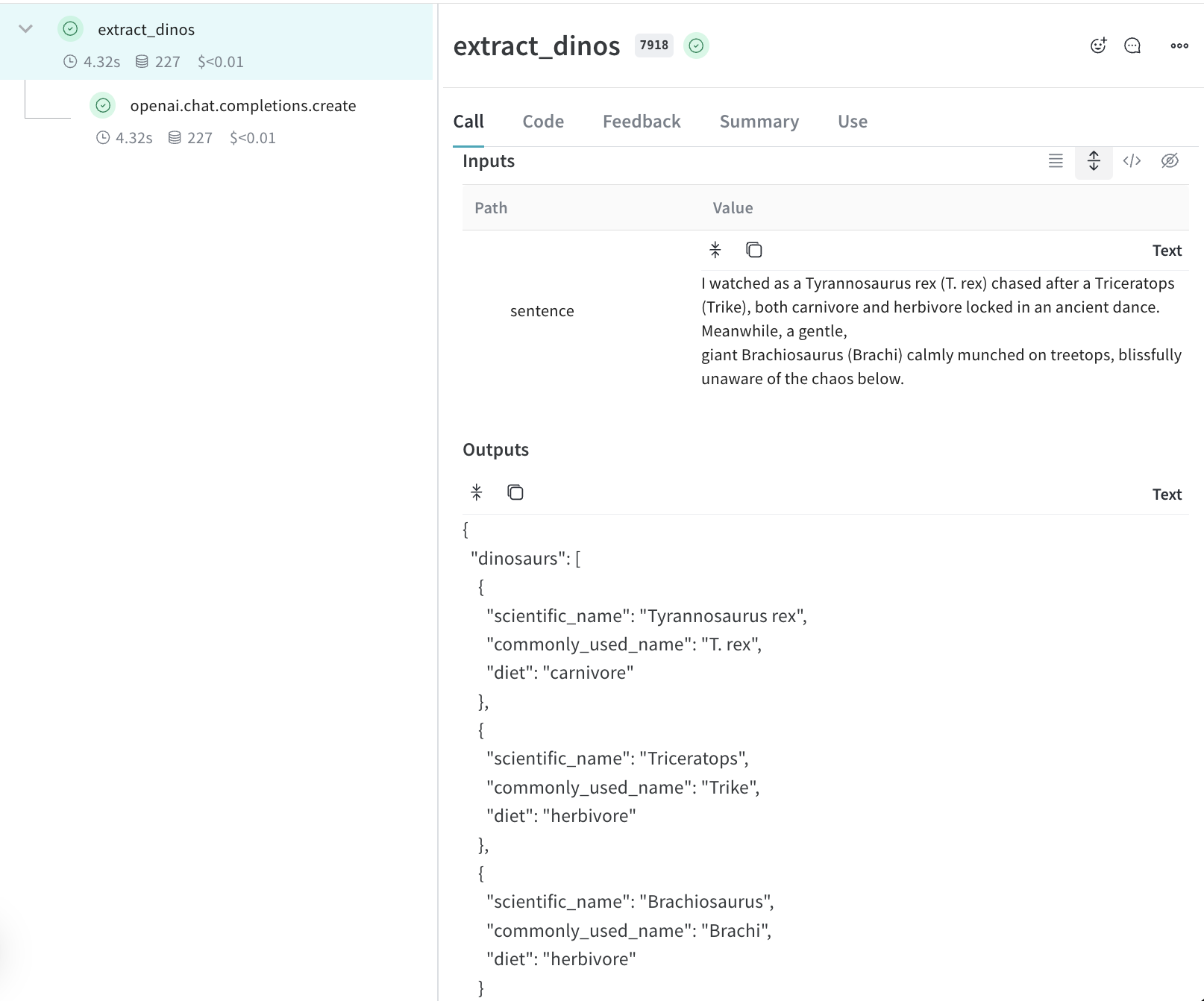 Weave UI Traces panel showing the trace for the extract_dinos function, including its input, output, latency, and token usage.