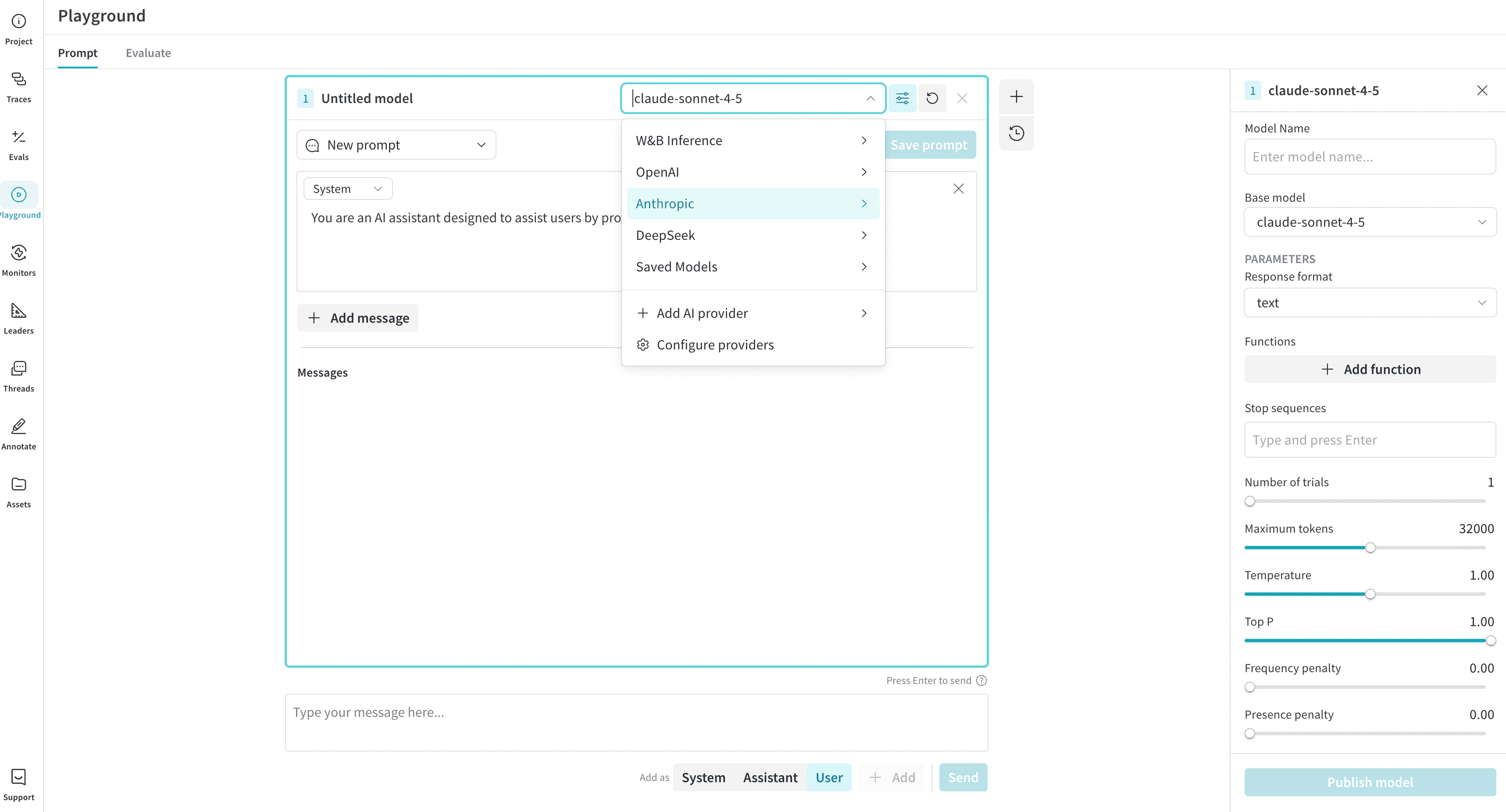 The Weave Playground showing the 'Select a model' dropdown open and the Chat settings panel open on the right.