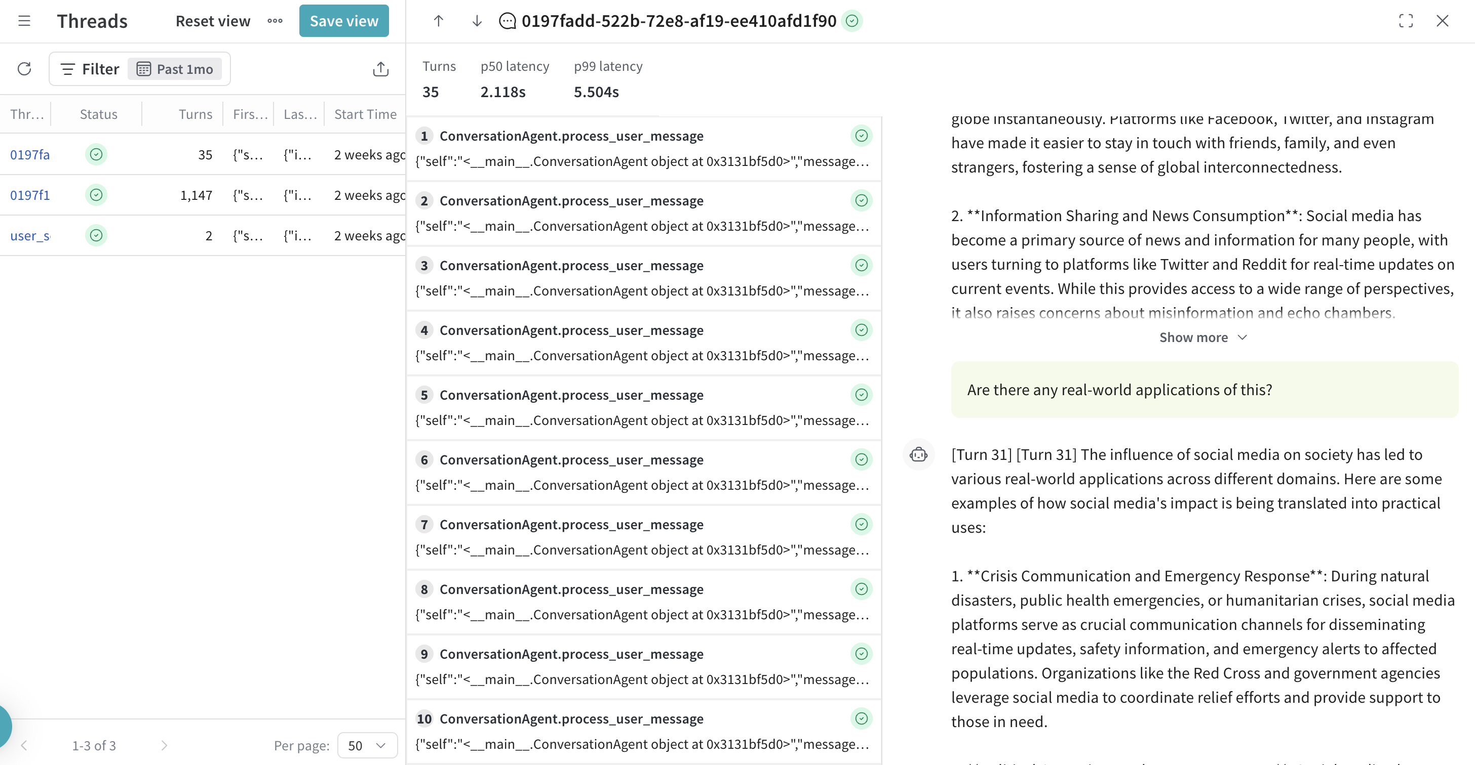構造化された LLM メッセージを表示する Threads のチャットペイン