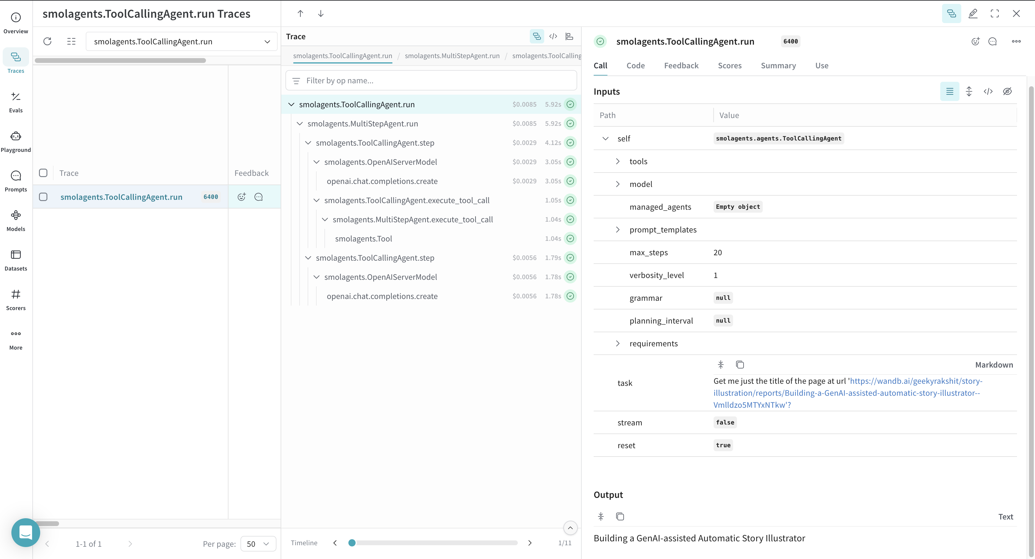 Weave logs each inference call, providing details about inputs, outputs, and metadata.