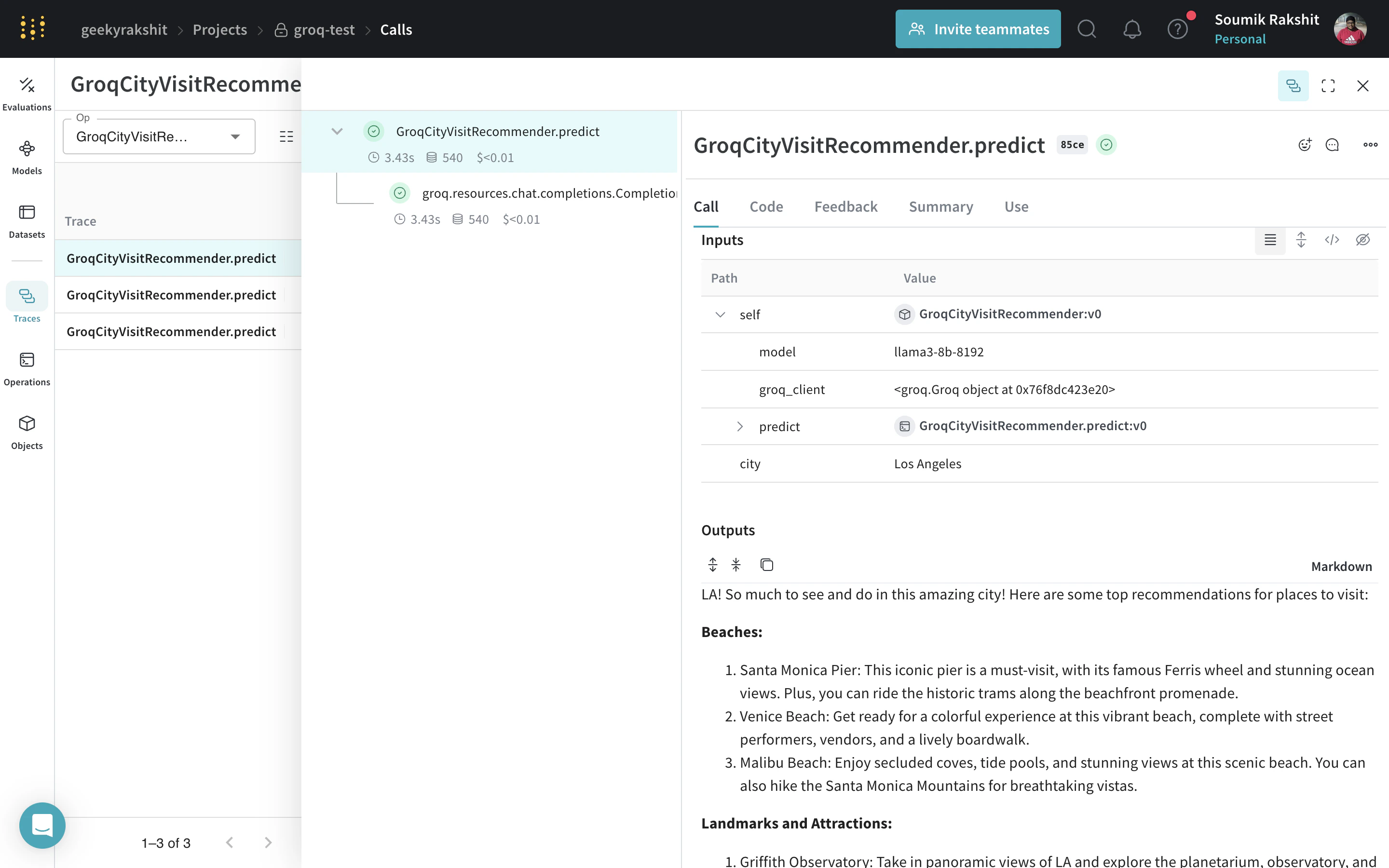 Groq Weave Model tracing and versioning interface with model versions, trace history, and performance metrics