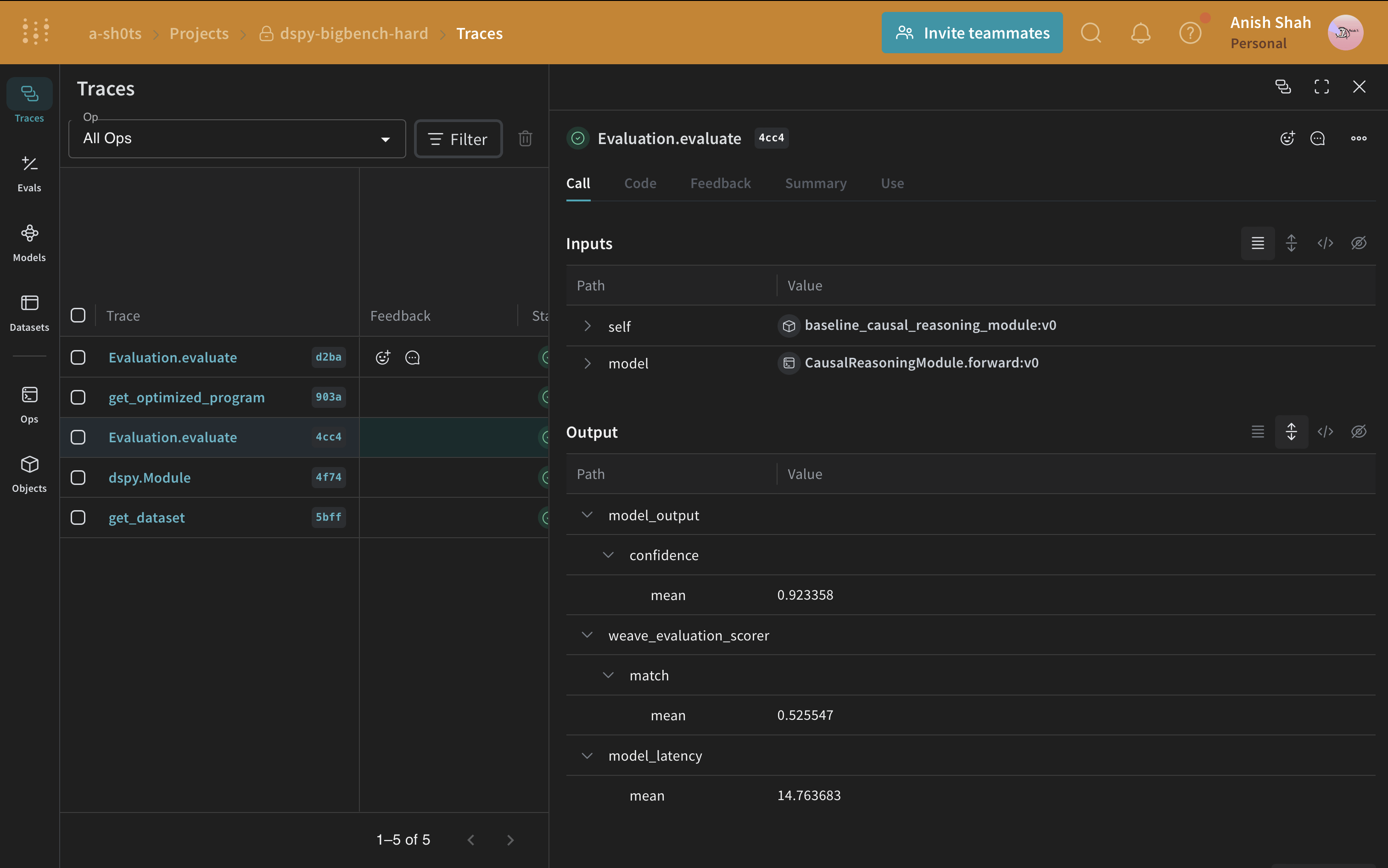 Weave evaluation dashboard with DSPy program performance metrics, traces, and comparison results