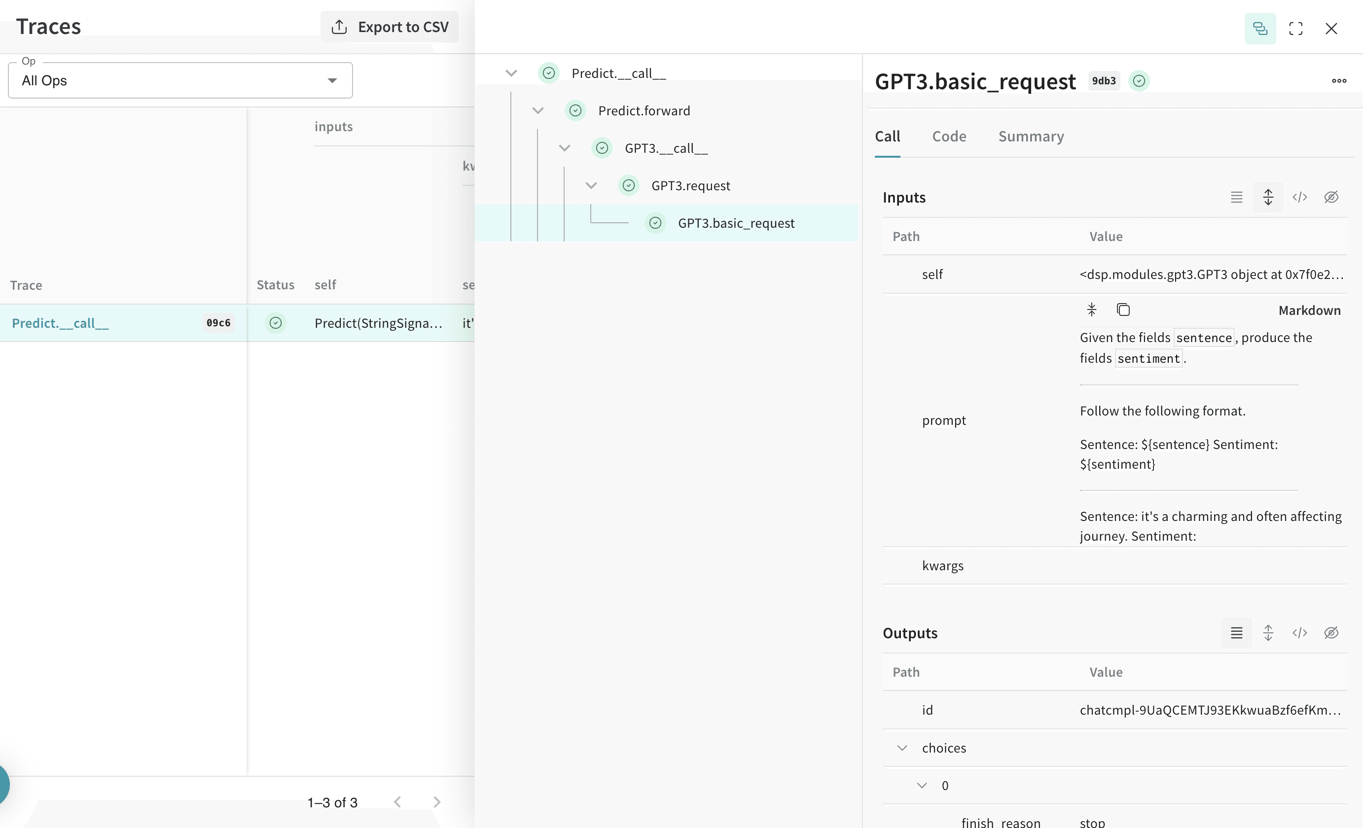 DSPy trace in Weave showing LM call inputs, outputs, and metadata