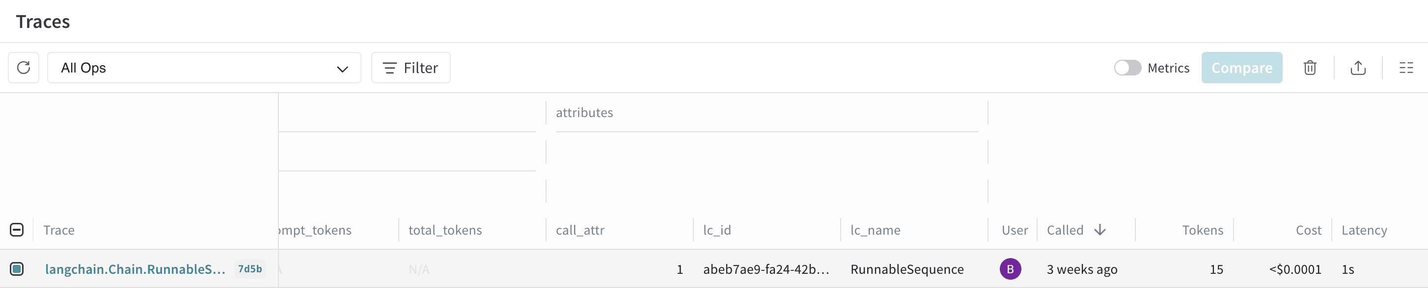 Weave UI showing LangChain trace metadata attributes