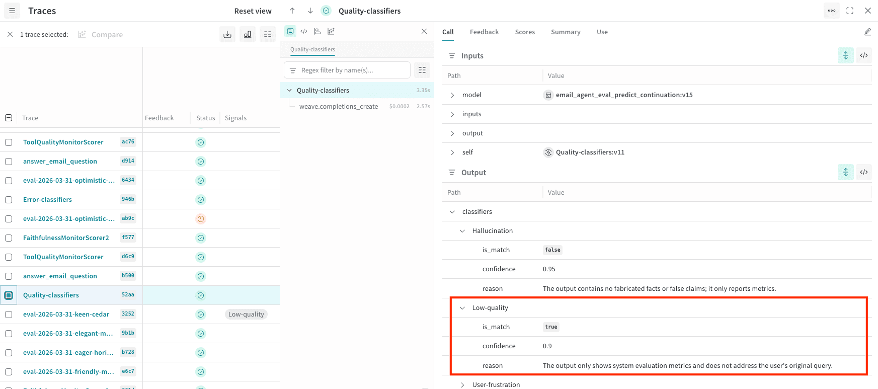 Weave Traces view with a quality-classifier trace selected. The details panel shows Call details with classifiers metadata including a confidence score and reason.
