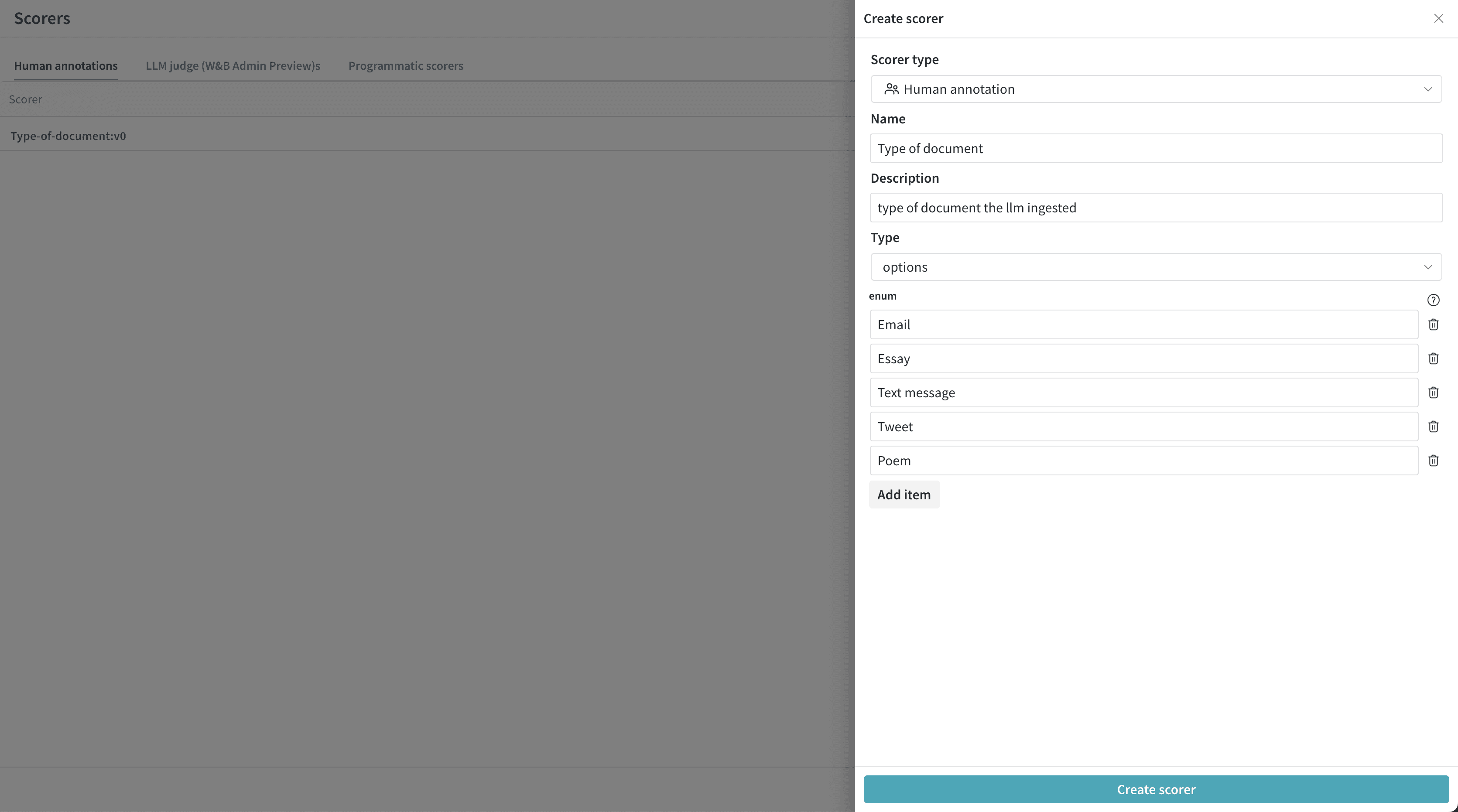 Create Scorer modal dialog