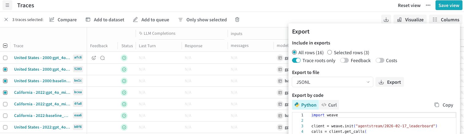 Traces page showing selected Calls ready for export in the Export modal.