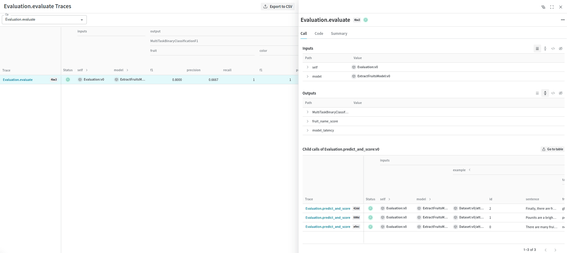 Weave UI showing a LangChain evaluation trace