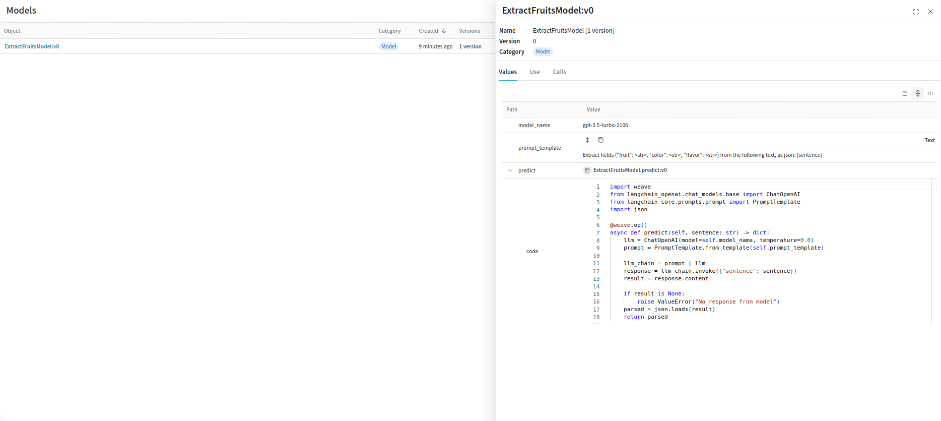 Weave UI showing a LangChain chain wrapped as a Weave Model