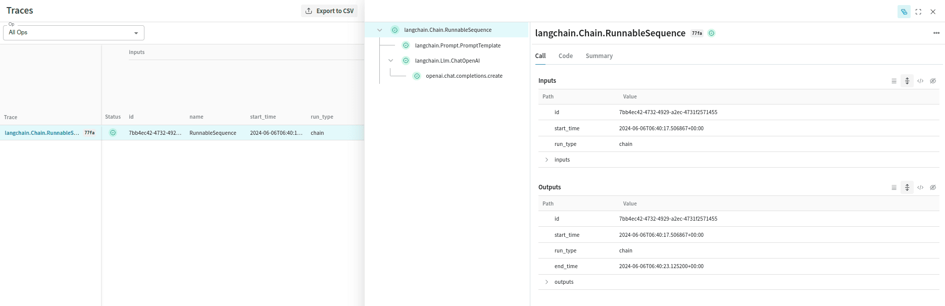 Weave UI showing a LangChain trace