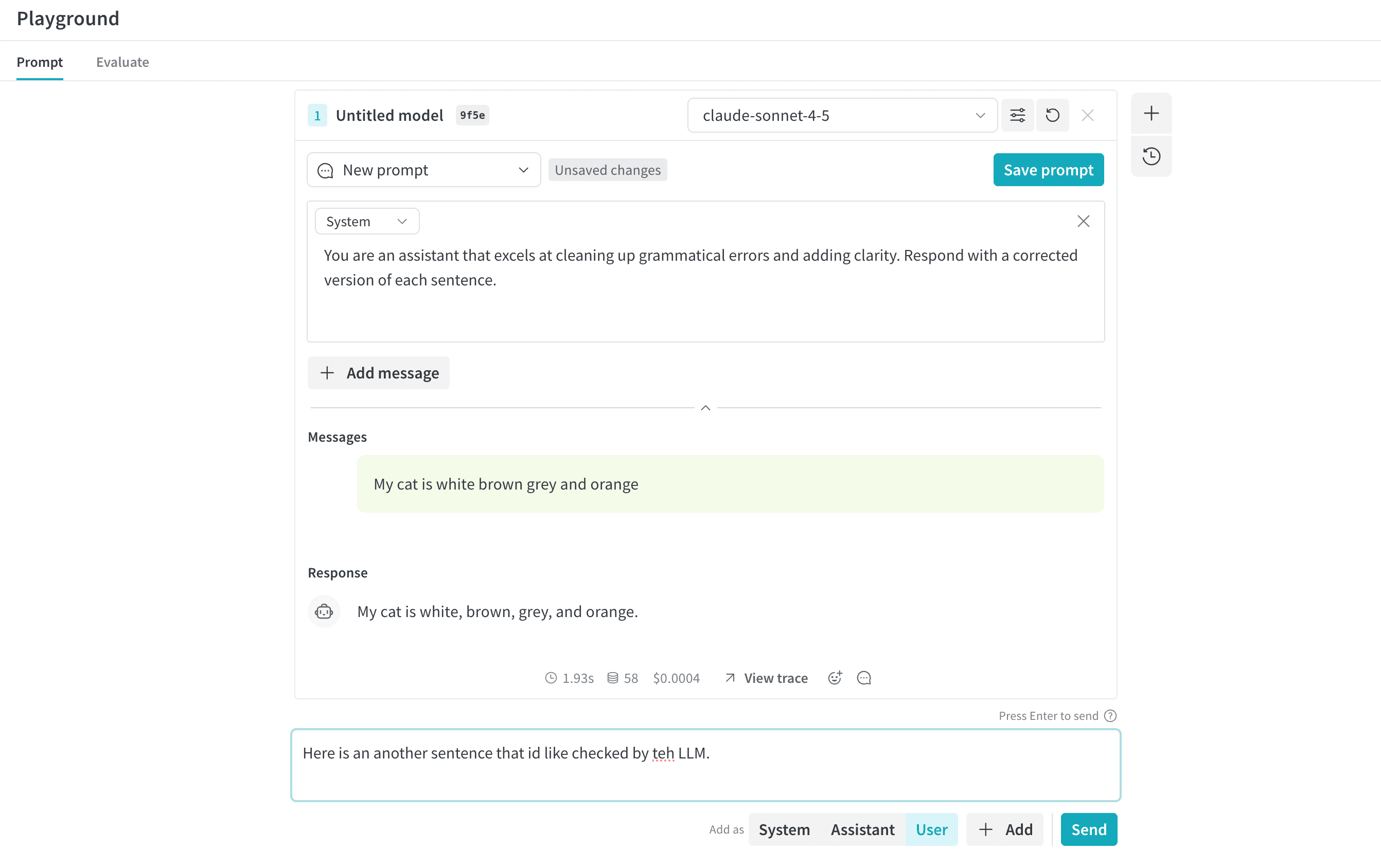 Weave Playground showing the prompt definition area at the top, message history in the middle, and a message composer for sending new messages at the bottom.
