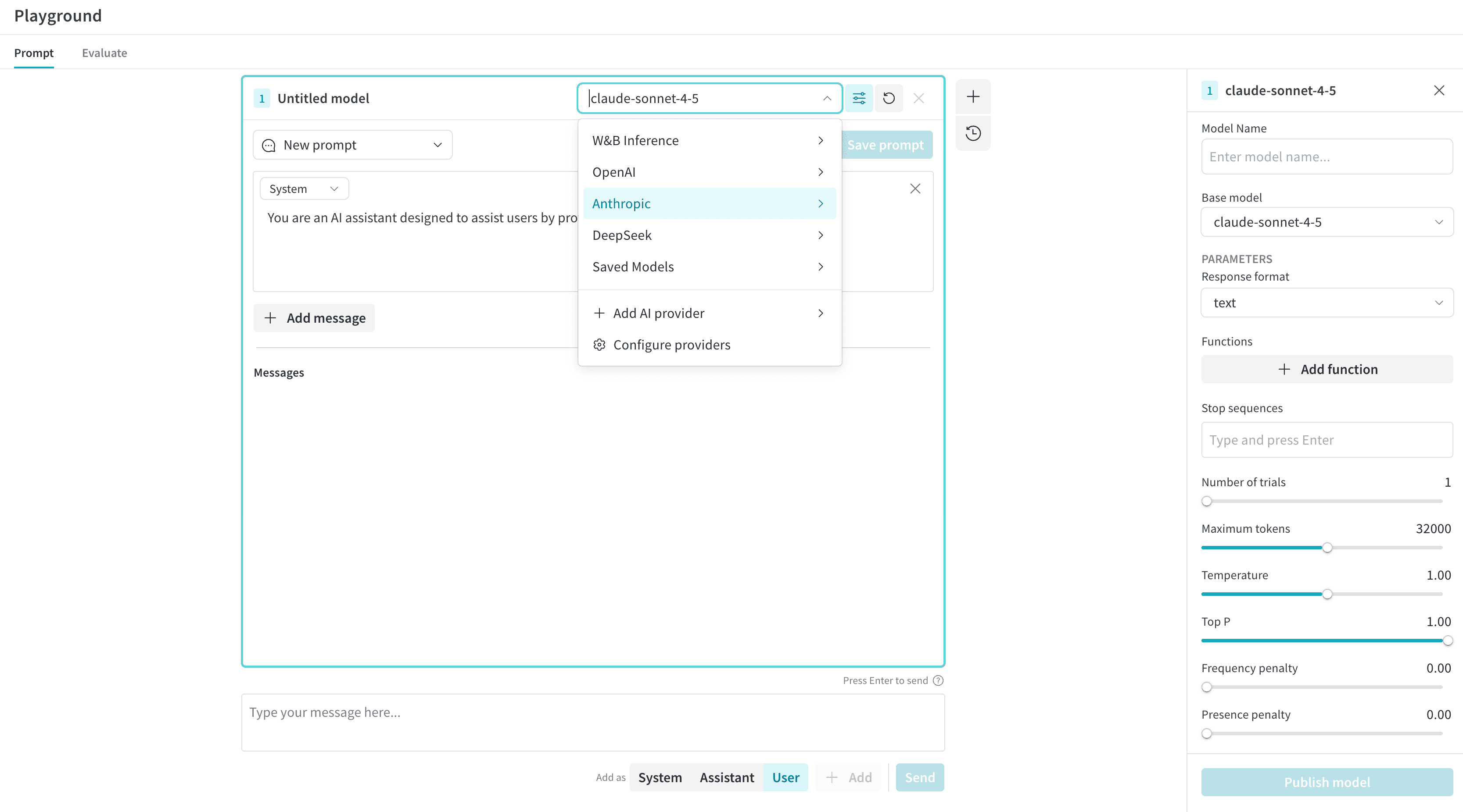 The Weave Playground showing the Select a model dropdown open and the Chat settings panel open on the right.