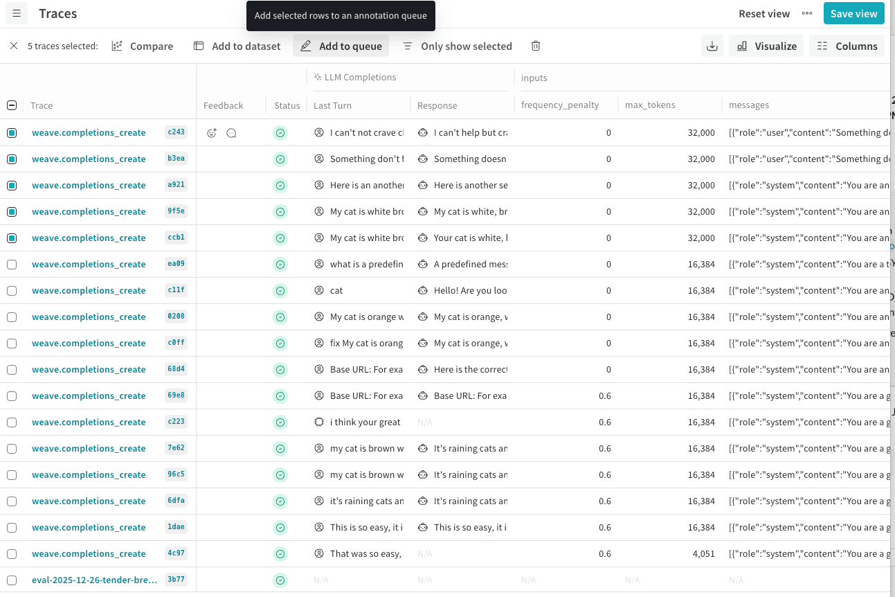 Traces table with multiple rows selected and a bulk action bar showing actions that apply to the selected rows, such as Add to queue and Add to dataset.