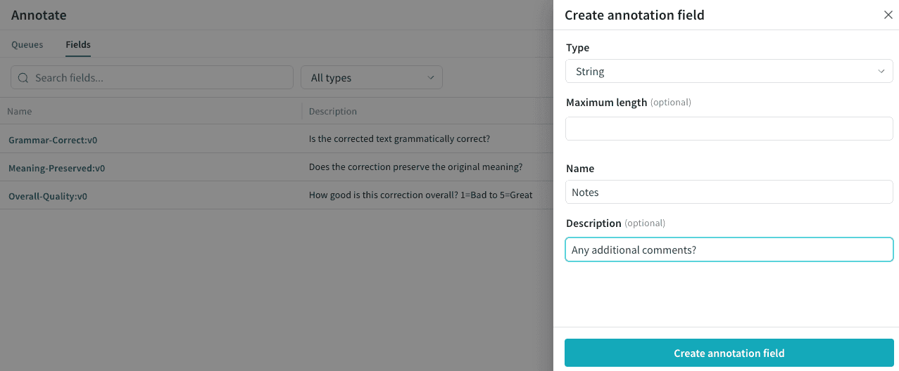 Annotation field creation dialog with inputs for name, description, and field type, used to define the schema annotators complete when reviewing trace items.