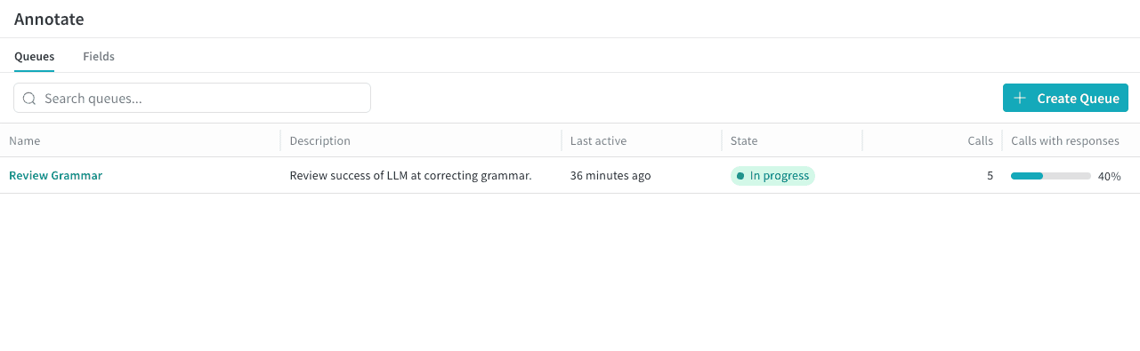 Annotation Queues page displaying a table of queues in the project, including queue names, descriptions, and review progress to track annotation workflows.
