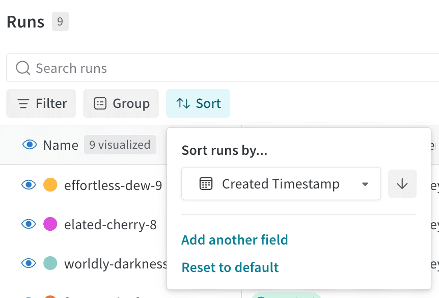 run 테이블 정렬 설정