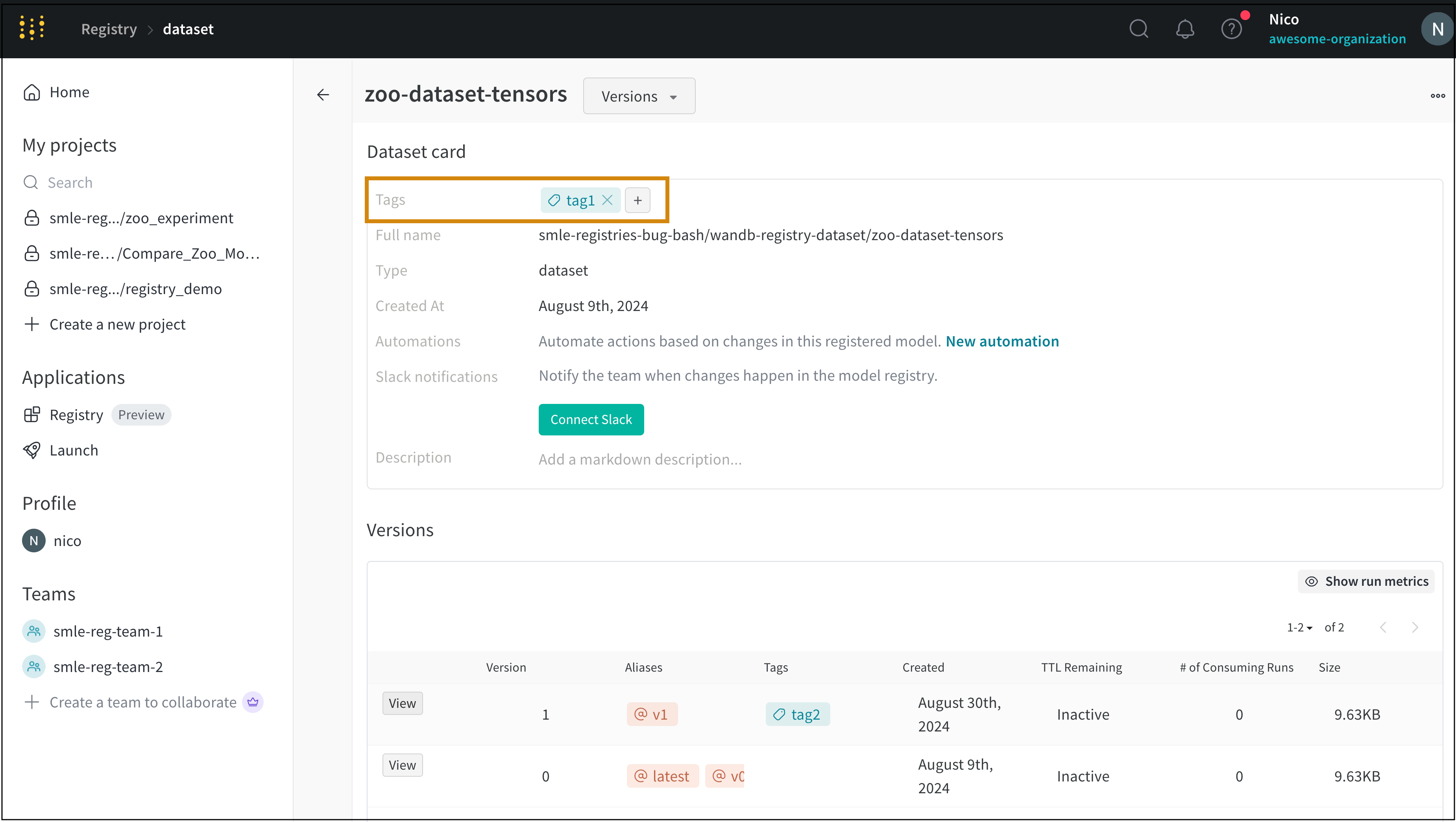 Registry collection with selected tags