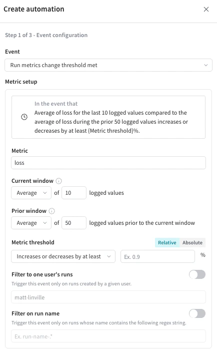 Screenshot showing a run metrics change threshold automation