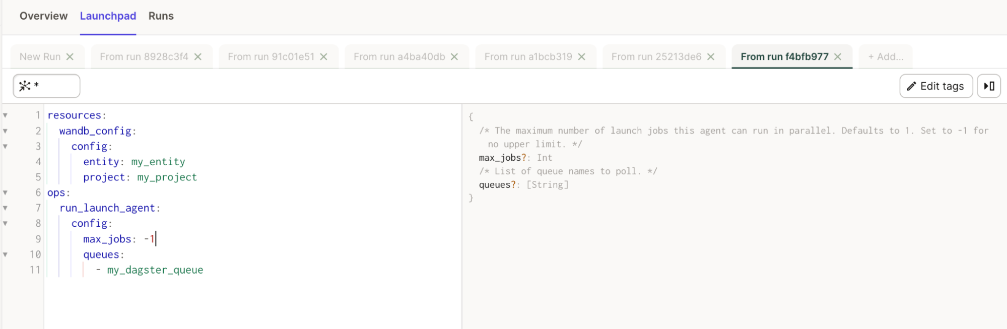 W&B Launchpad interface with job configuration options and descriptions for Dagster integration