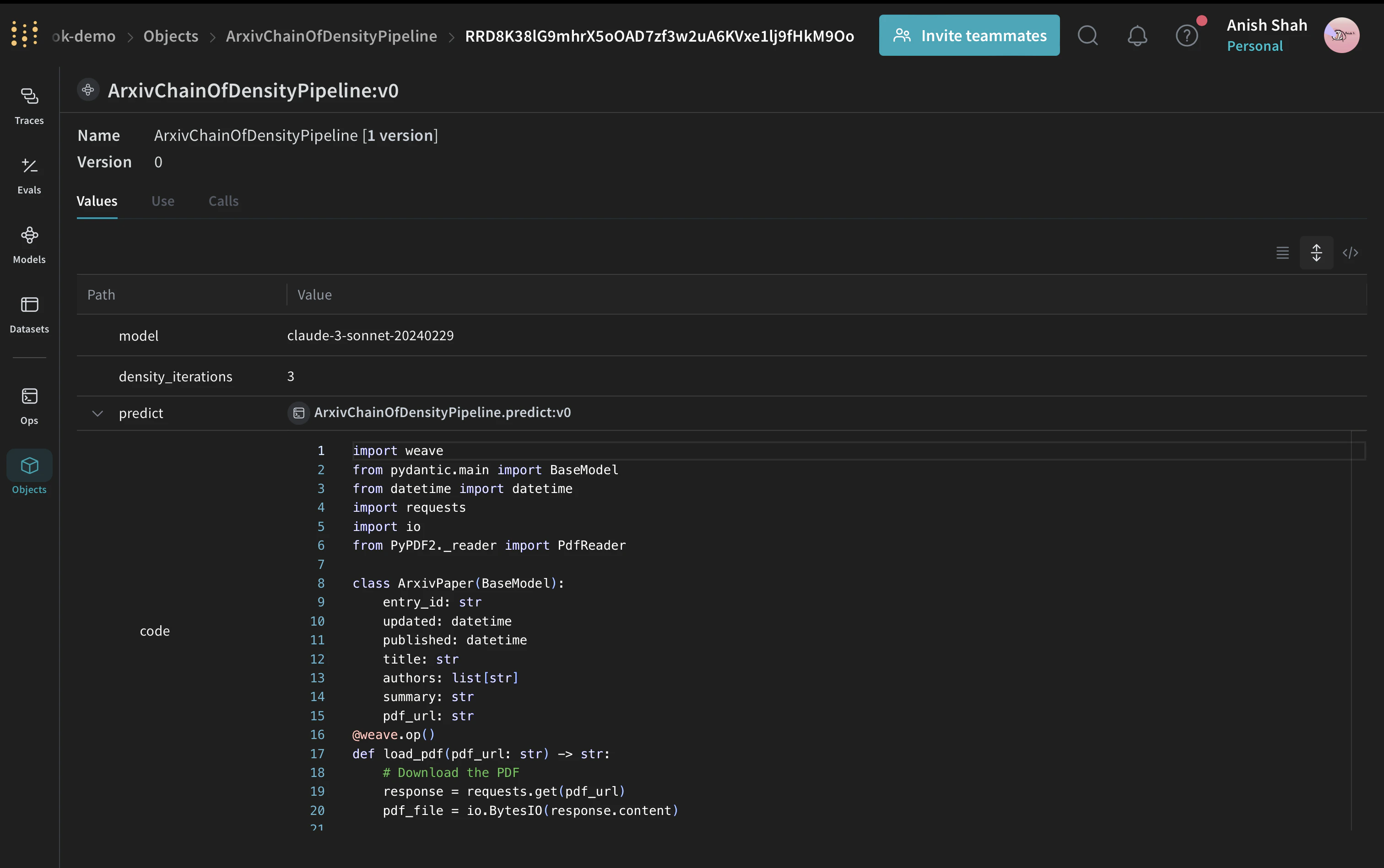 Weave Model configuration interface for Chain of Density summarization with model settings and parameters
