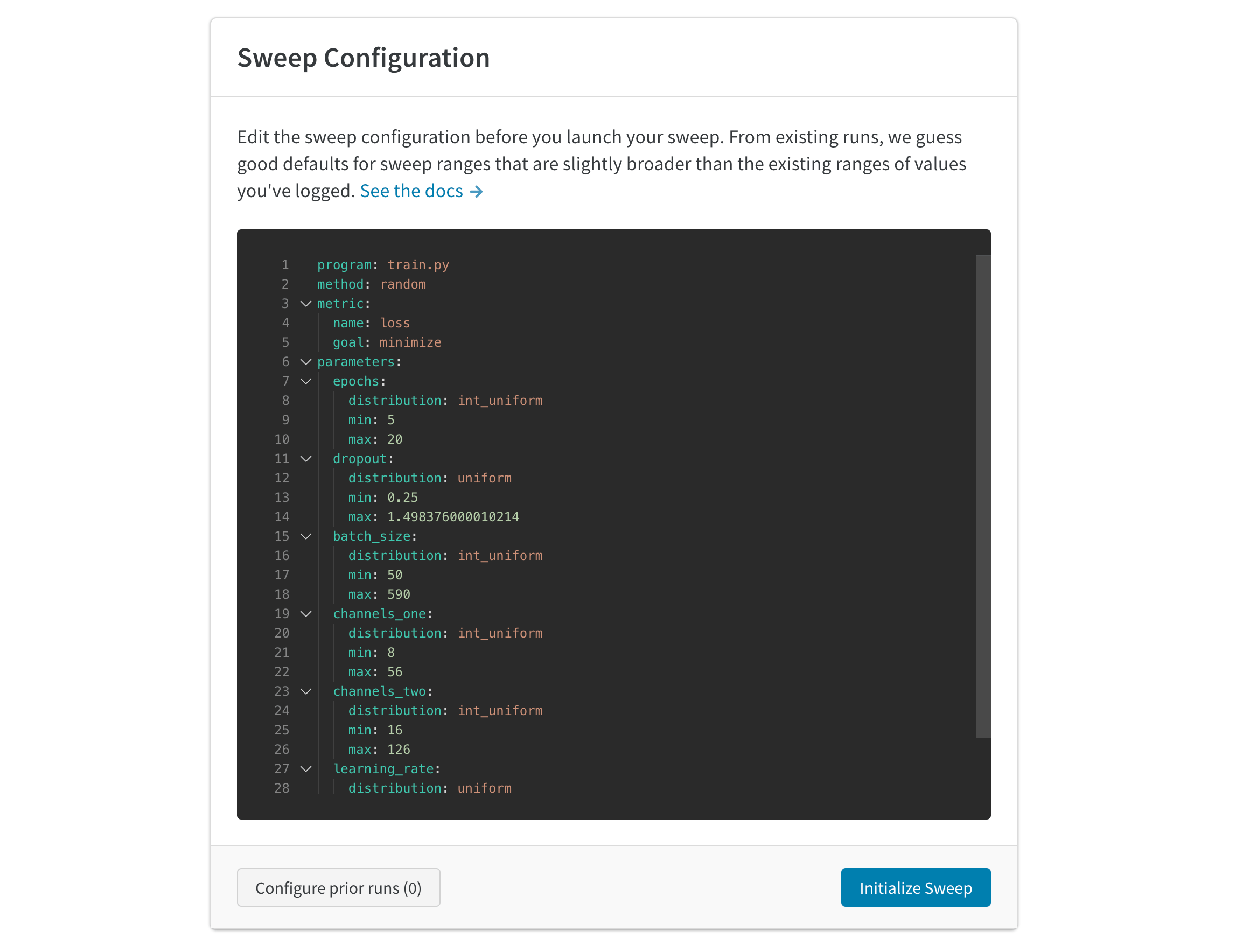 Auto-generated sweep configuration editor showing hyperparameter ranges