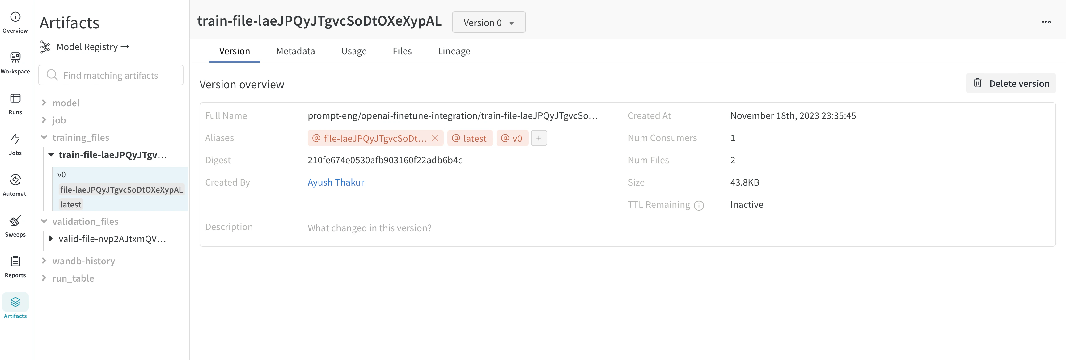 W&B Artifacts with training datasets